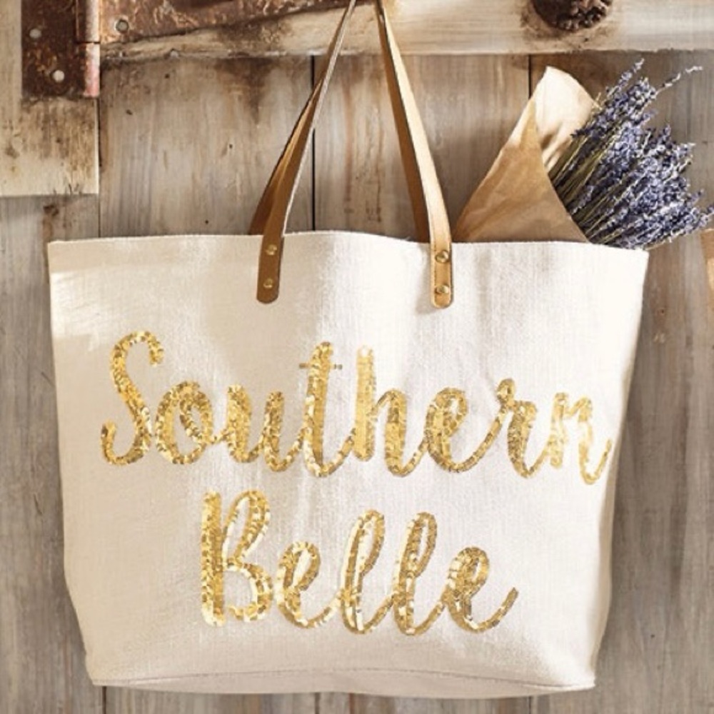 EUC Mud Pie Southern Belle Burlap Tote - Picture 2 of 7